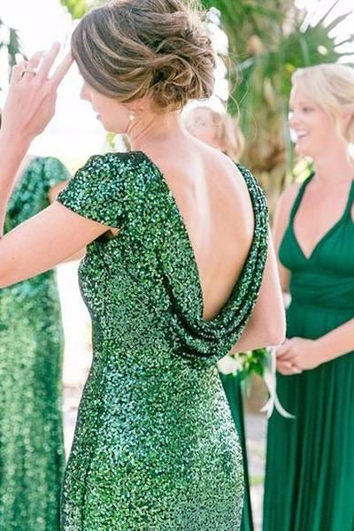 Green Sequin Bridesmaid Dresses Long Emerald Wedding Guests Dress Draped