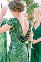 Green Sequin Bridesmaid Dresses Long Emerald Wedding Guests Dress Draped