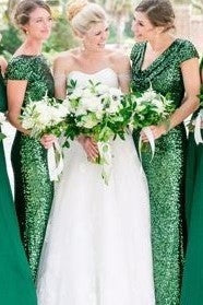 Green Sequin Bridesmaid Dresses Long Emerald Wedding Guests Dress Draped