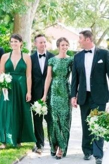 Green Sequin Bridesmaid Dresses Long Emerald Wedding Guests Dress Draped
