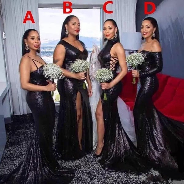 Multiway Black Sequin Bridesmaid Dresses Long Mermaid Wedding Guest Dress