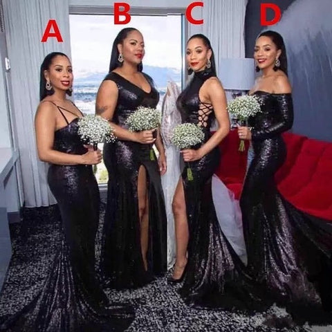 Multiway Black Sequin Bridesmaid Dresses Long Mermaid Wedding Guest Dress