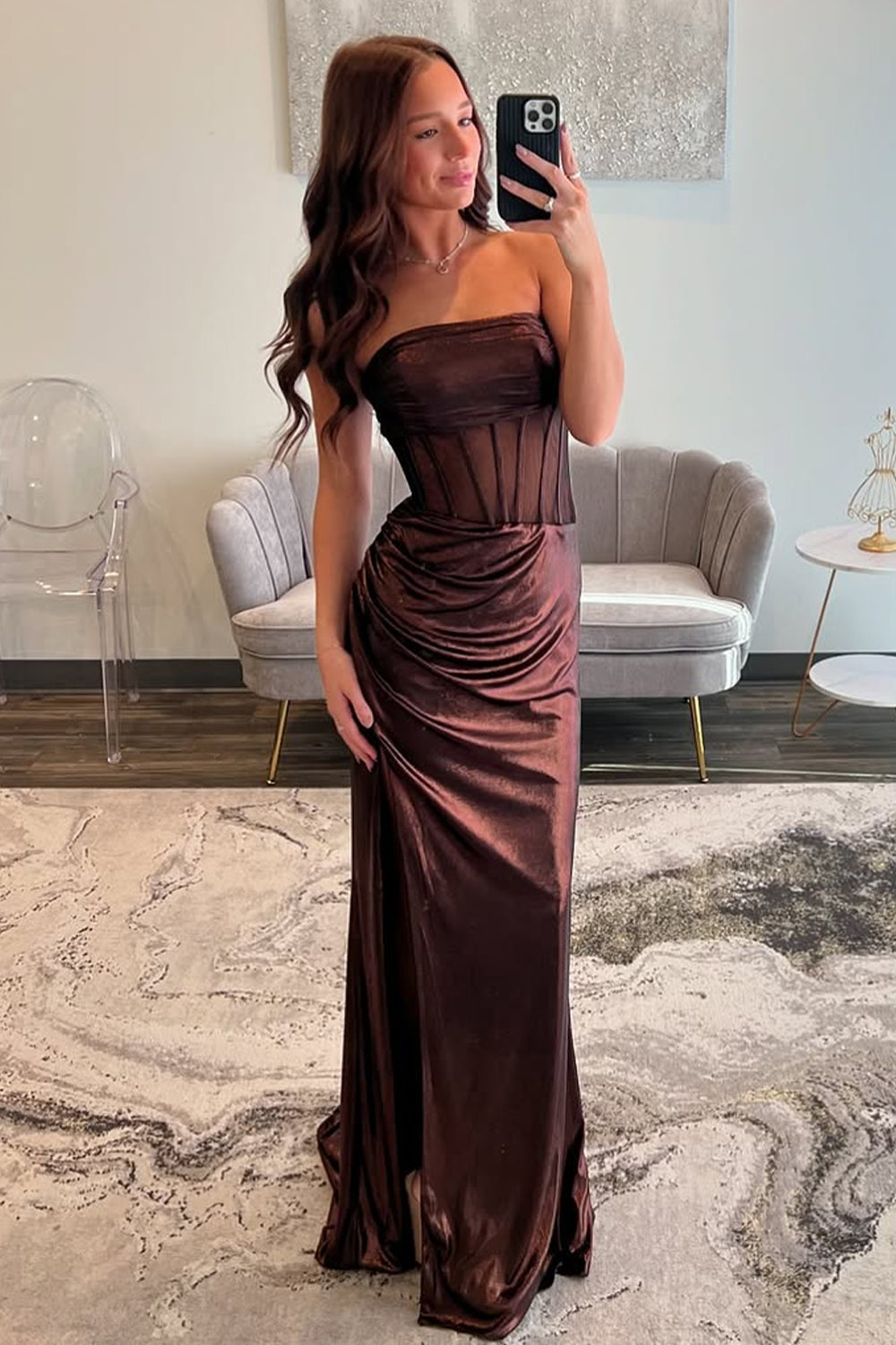 Mermaid Strapless Long Brown Metallic Prom Dresses