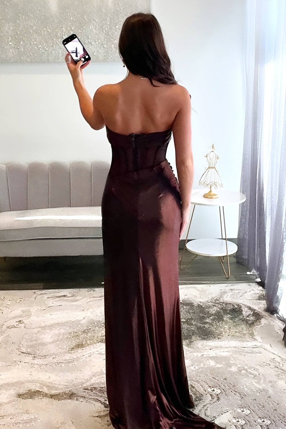 Robes de bal longues sirène bustier marron métallisé