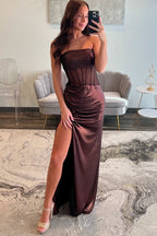 Mermaid Strapless Long Brown Metallic Prom Dresses