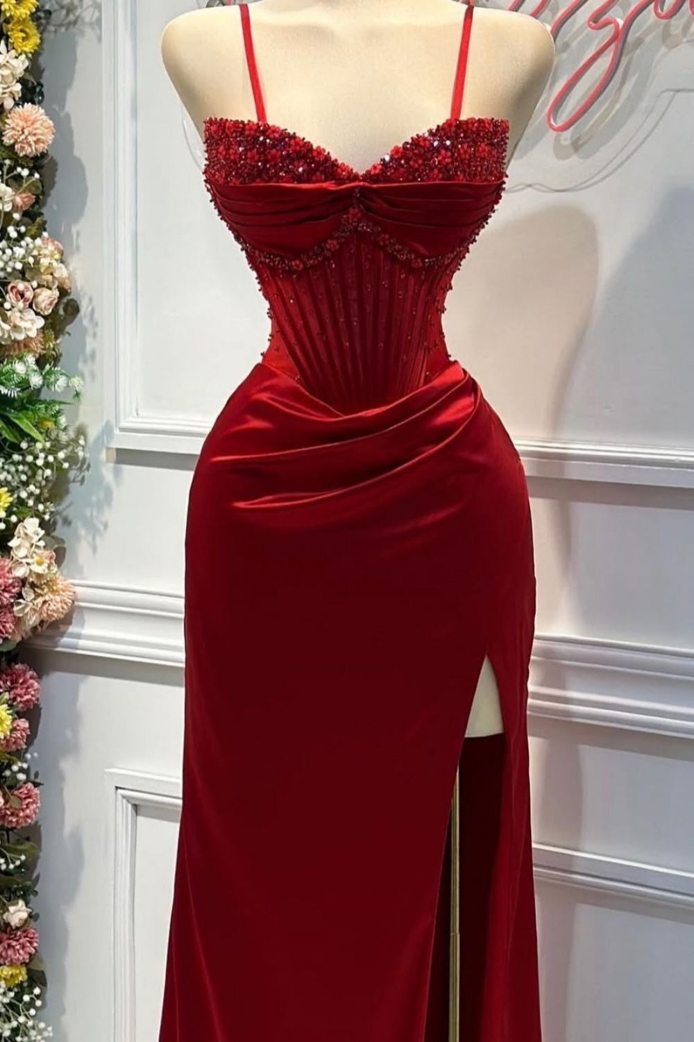 Mermaid Spaghetti Straps Long Satin Formal Dresses