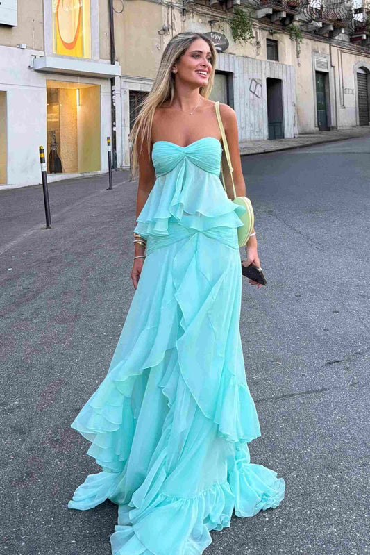 Strapless Sweetheart Ruffles Chiffon Long Prom Dresses