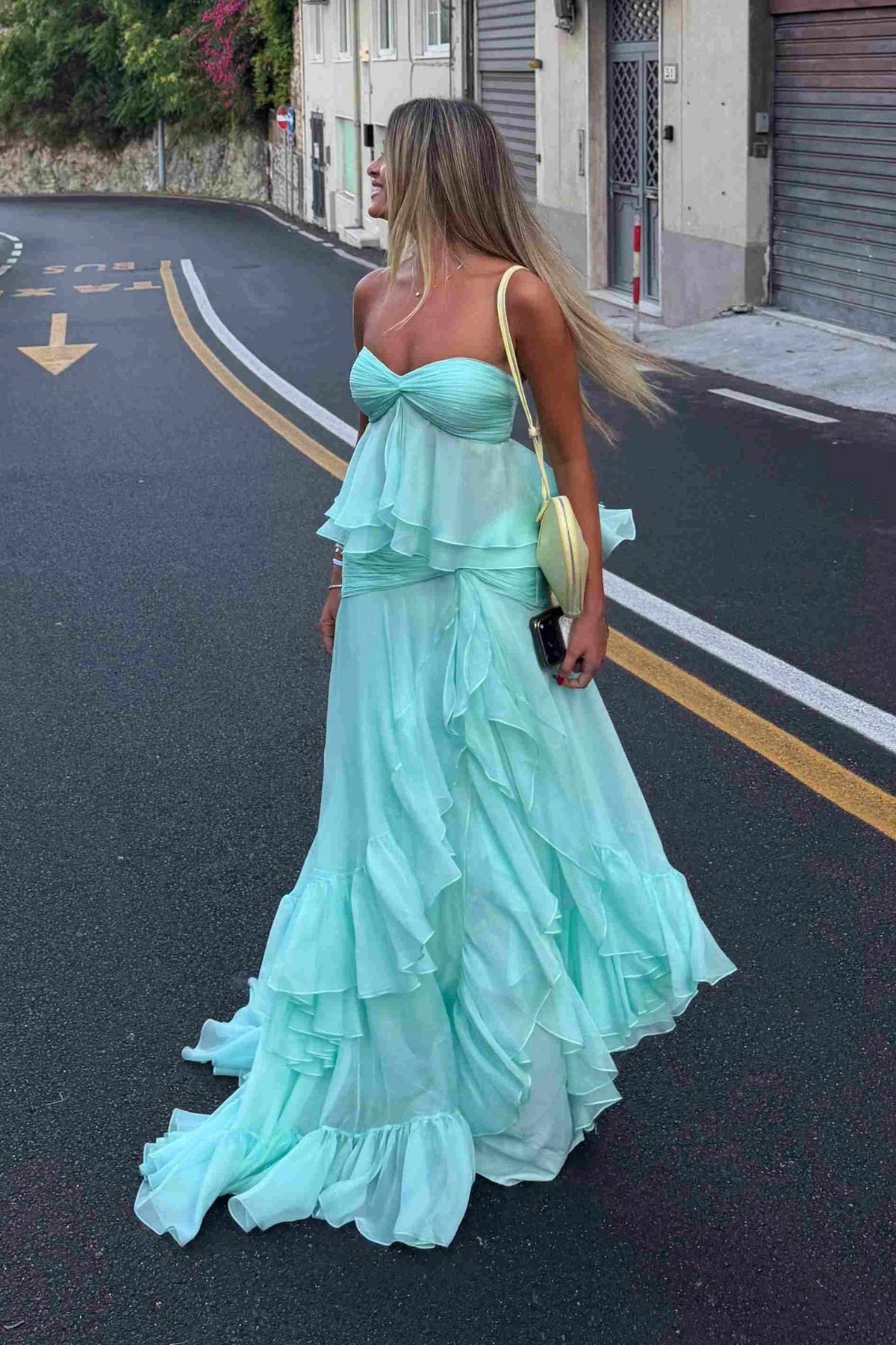 Strapless Sweetheart Ruffles Chiffon Long Prom Dresses