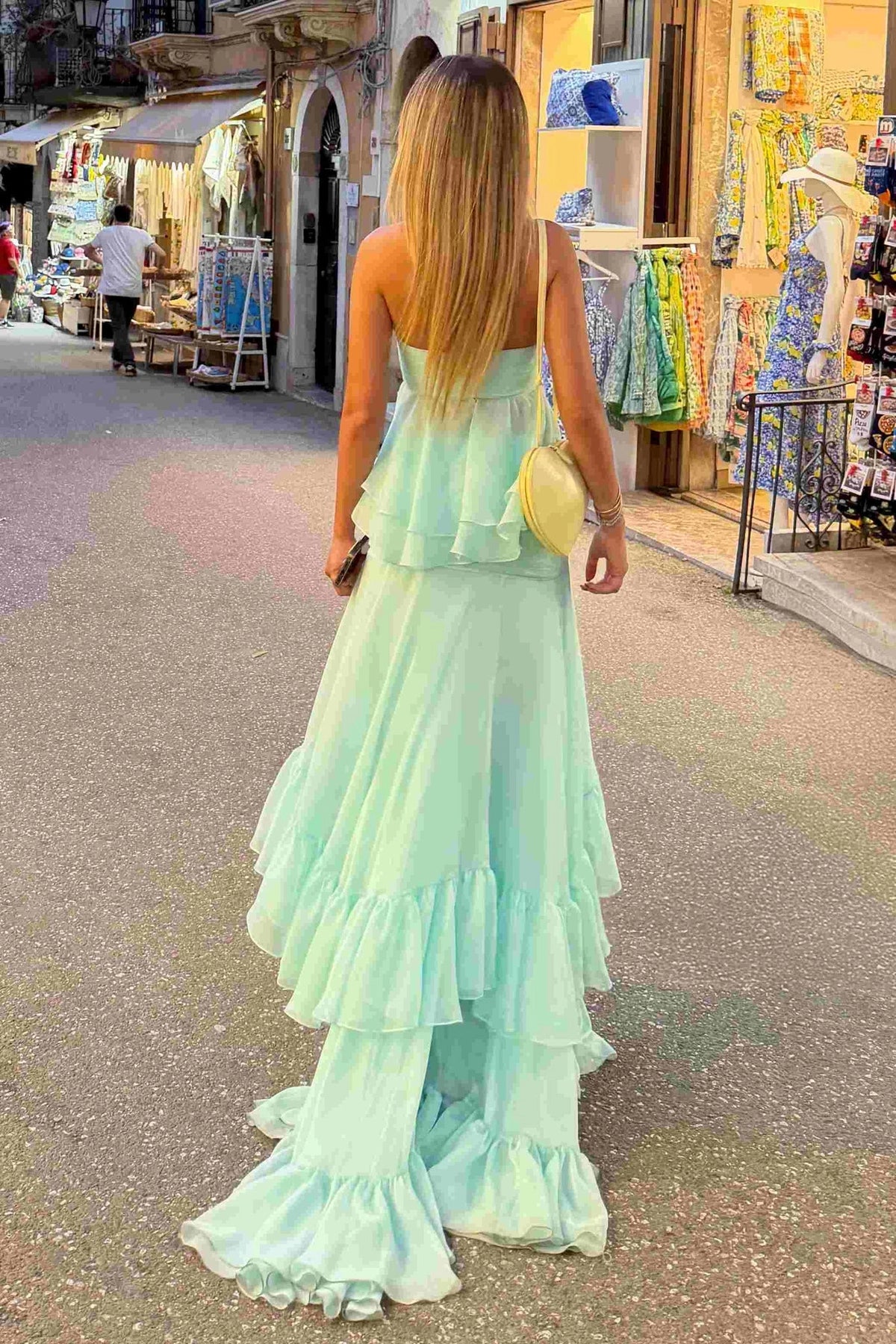 Strapless Sweetheart Ruffles Chiffon Long Prom Dresses