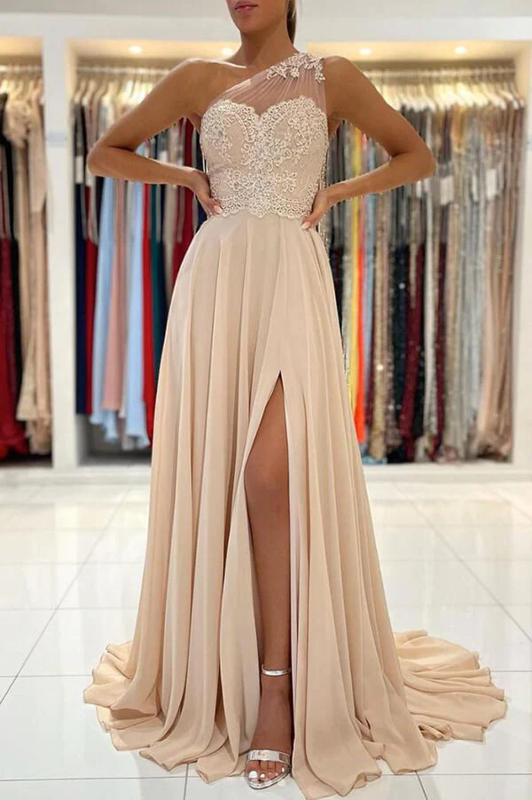 Chiffon A-line Lace One Shoulder Prom Dresses, Evening Gown,BD930832