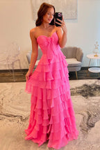 Chiffon A-Line Sweetheart Zipper Back Tiered Prom Dresses