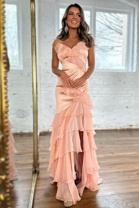 Robes de bal longues en satin fard à joues à bretelles spaghetti sirène avec fermeture éclair au dos