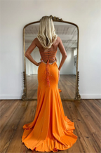 Mermaid Sweetheart Satin Long Orange Prom Dresses With Beading
