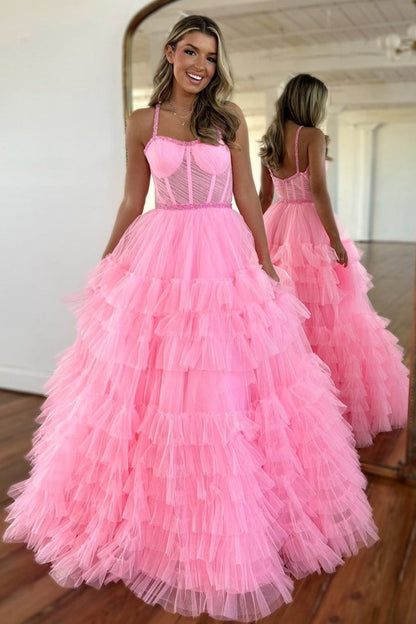 Robes de bal longues en tulle rose à fines bretelles et à volants étagés