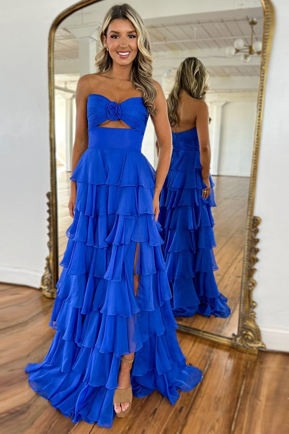 Royal Blue A-Line Strapless Long Tiered Chiffon Prom Dresses