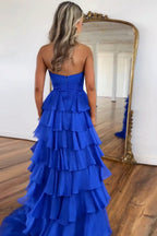 Royal Blue A-Line Strapless Long Tiered Chiffon Prom Dresses