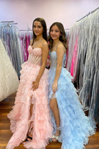 A Line Sweetheart Blush Pink Tiered Organza Prom Dresses