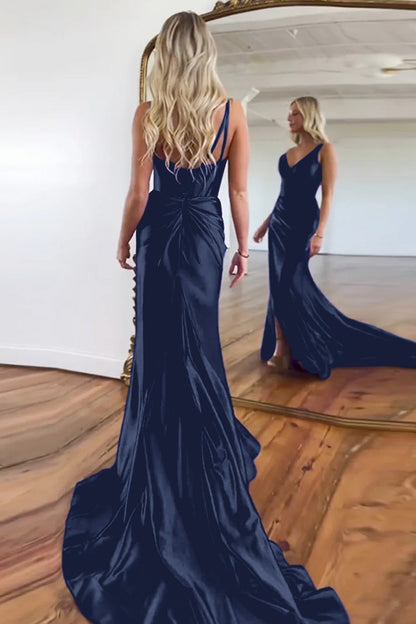 Robes de bal longues en satin violet sirène, col en V, dos zippé
