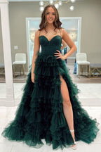 Dark Green A-Line Spaghetti Straps Long Tulle Prom Dress