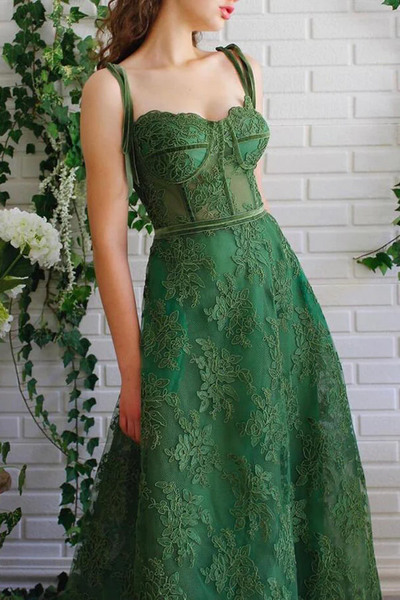 Dark Green Tulle Lace Spaghetti Straps  A-line Prom Dresses, Party Dresses,BD930812