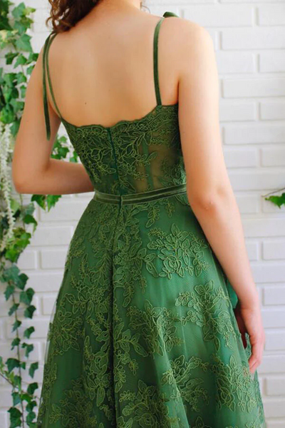 Dark Green Tulle Lace Spaghetti Straps  A-line Prom Dresses, Party Dresses,BD930812