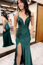 Dark Green Mermaid Spaghetti Straps Long Prom Dress