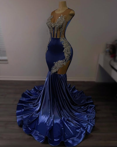 Dusty Blue Shiny Silver Beaded Mermaid Court Train Prom Dresses luladress Dusty Blue Shiny Silver Beaded Mermaid Court Train Prom Dresses luladress