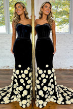 Black Mermaid Sweetheart Long Velvet Prom Dress with 3D Flowers