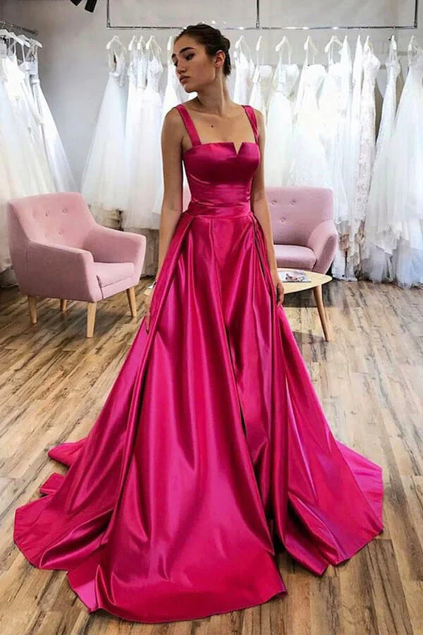 formal dresses light pink Hot Pink A-line Satin Long Prom Dress Court Train Evening Dress US12 / Custom Color