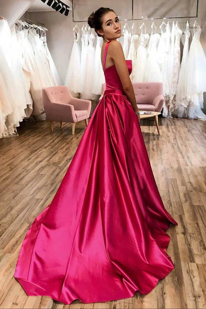 Elegant Hot Pink Satin A-line Spaghetti Straps Prom Dresses, Formal Dress