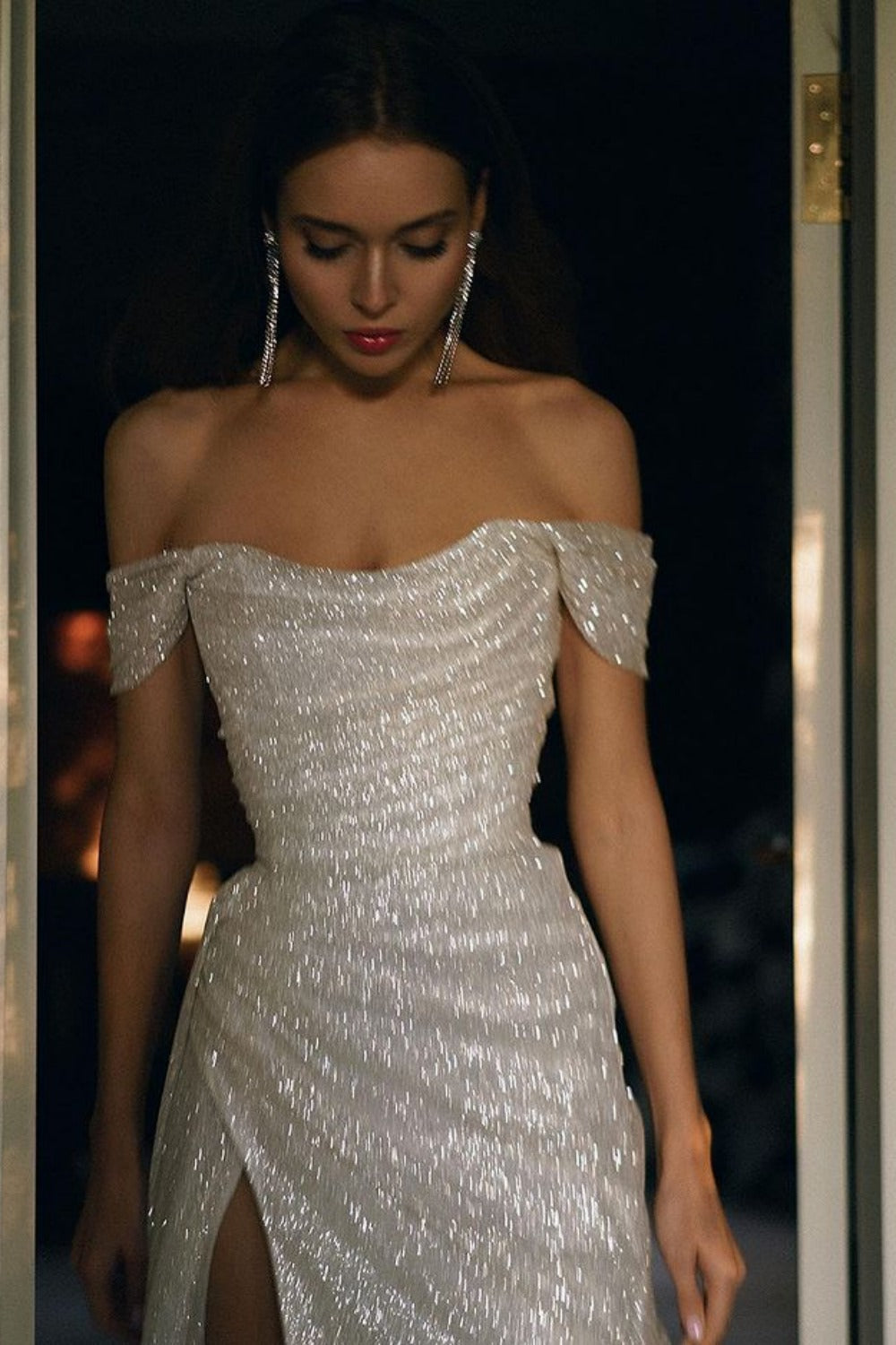 Mermaid Off the Shoulder Silver Sequins Long Prom Dresses