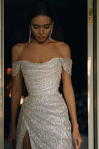 Mermaid Off the Shoulder Silver Sequins Long Prom Dresses