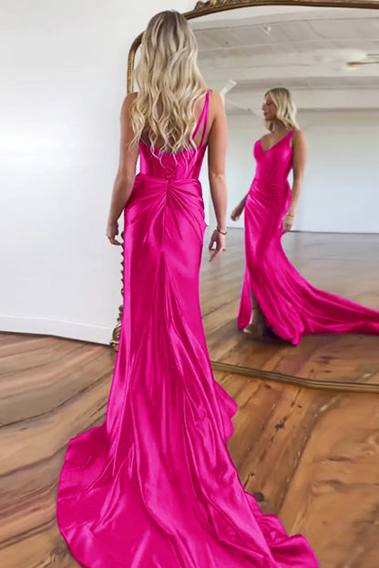 Robes de bal longues en satin violet sirène, col en V, dos zippé