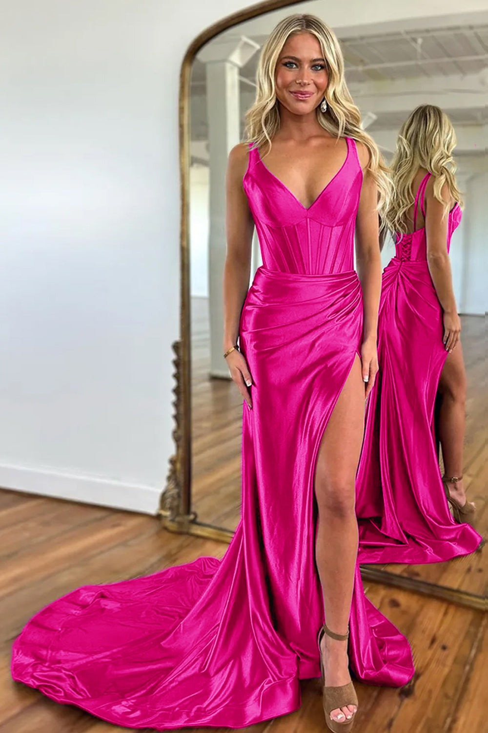 Robes de bal longues en satin violet sirène, col en V, dos zippé