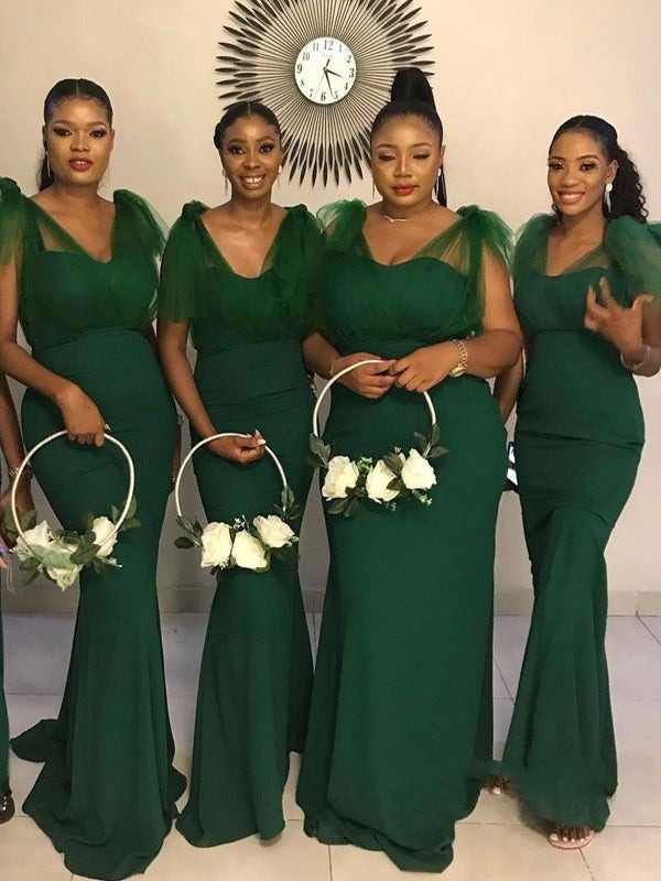 Floor-Length Green Tulle Bridesmaid Dresses Mermaid Wedding Party Dresses