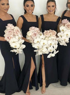 Floor Length Black Bridesmaid Dresses Square Mermaid Long Wedding Party Dresses