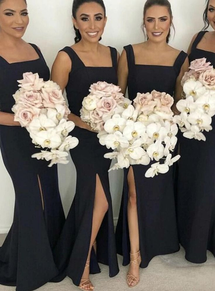 Floor Length Black Bridesmaid Dresses Square Mermaid Long Wedding Party Dresses
