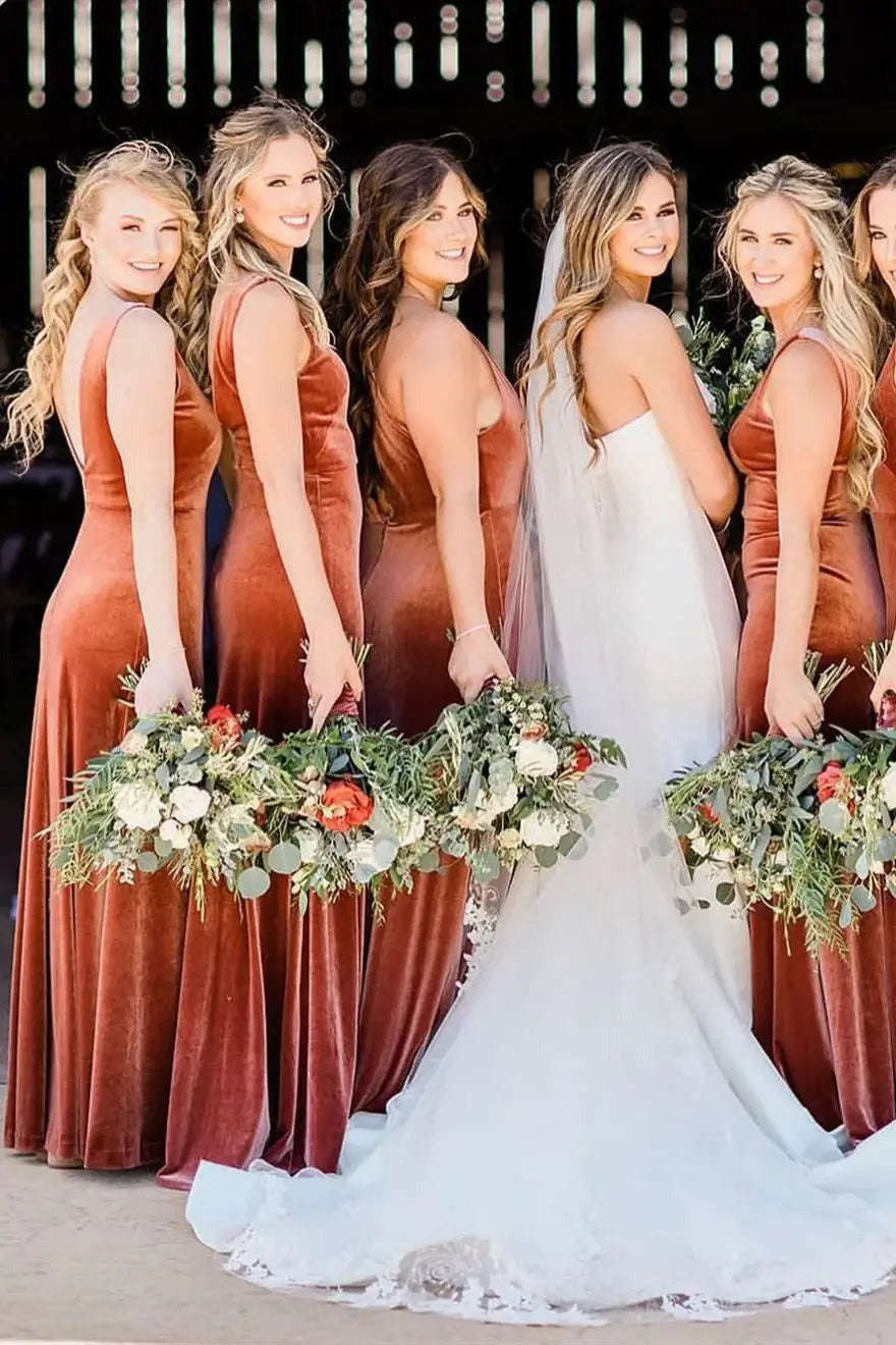V Neck Sleeveless Winter Rust Velvet Bridesmaid Dresses,Wedding Guest – luladress