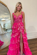 A-Line Off The Shoulder Long Tiered Lace Prom Dresses