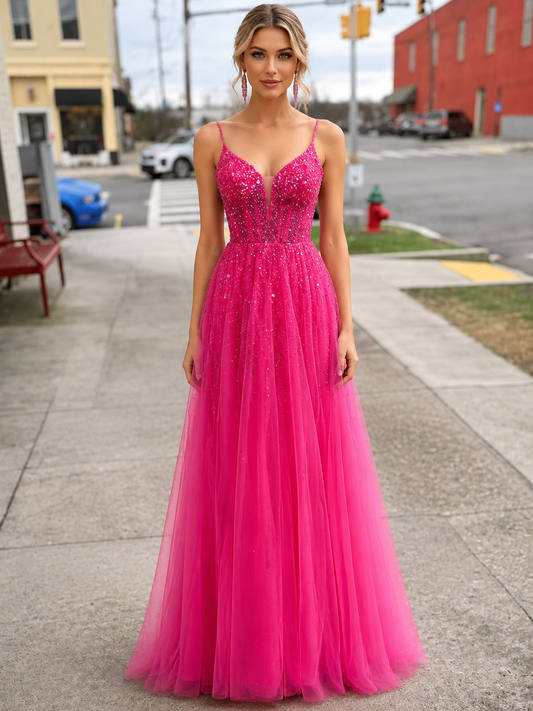 Robes de bal longues ligne A en tulle fuchsia à fines bretelles
