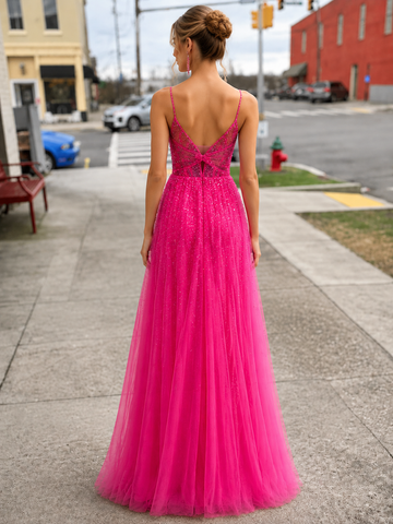 Fuchsia Tulle Spaghetti Straps A Line Long Prom Dresses