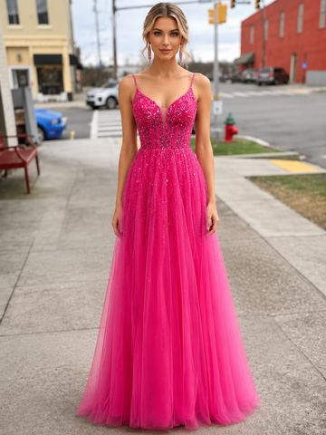 Fuchsia Tulle Spaghetti Straps A Line Long Prom Dresses