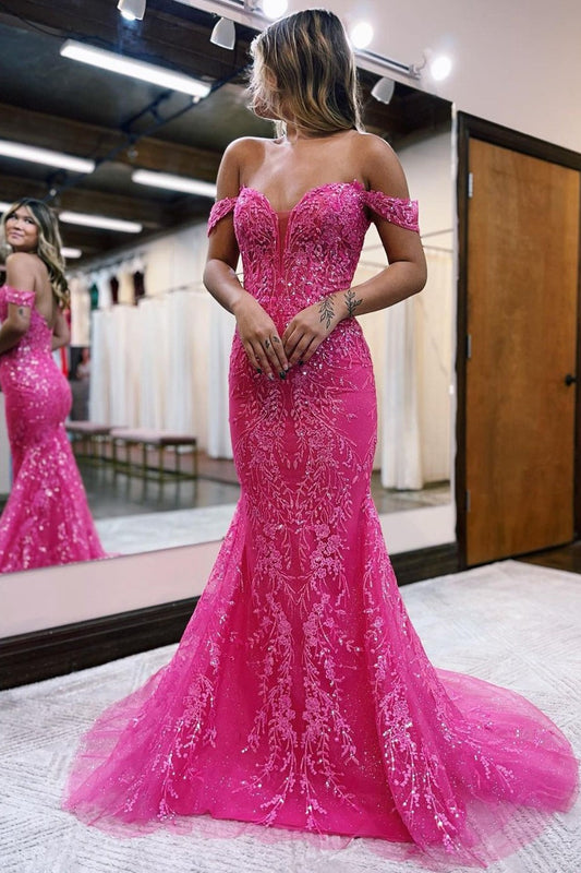 Robe de bal longue sirène fuchsia à épaules dénudées