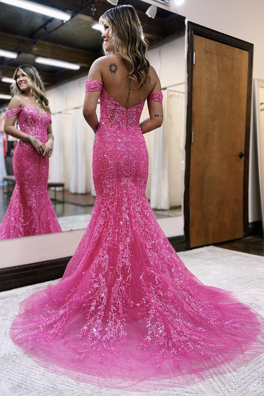 Robe de bal longue sirène fuchsia à épaules dénudées