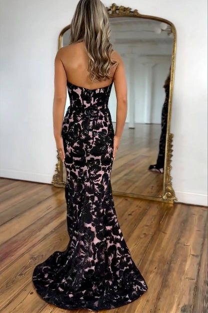 Robe longue de bal de promo sirène noire en dentelle avec décolleté en cœur