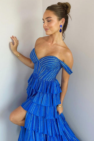 Royal Blue A-Line Off The Shoulder Long Beaded Prom Dresses
