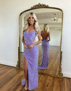 Sequin Purple Sparkly Open Back Long Mermaid Prom Party Dress