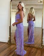 Sequin Purple Sparkly Open Back Long Mermaid Prom Party Dress
