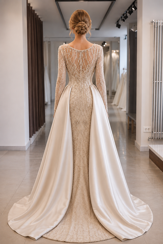 Gorgeous Long Satin Beaded Mermaid Prom Dresses with Sleeves