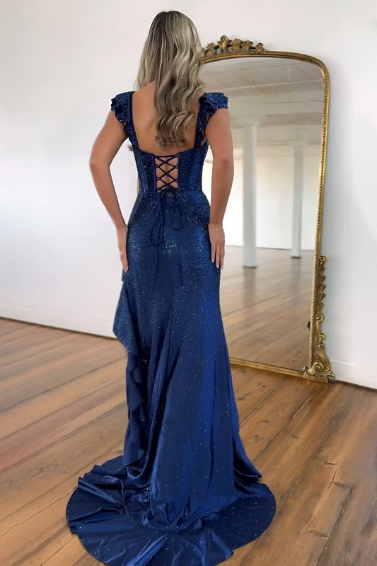Robes de bal longues en satin avec perles et lacets sirène